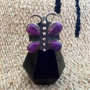 ❤️ Purple Dahlia Kingman Turquoise Butterfly Adjustable Sterling Ring 9.4 Gm